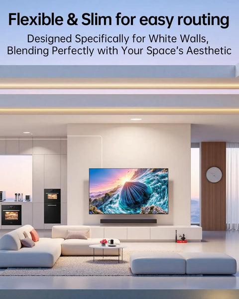 Game Day Ready 10ft Fiber Optic HDMI 2.1 Cable, White Super Flexible, 48Gbps 8K60Hz 4K120Hz, eARC Dolby Vision HDR10, elegantly displayed in a modern living room.