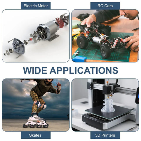 Applications of 4 Pack 635ZZ Deep Groove Ball Bearings 5x19x6mm Chrome Steel Double Shield ABEC5 in motors, RC cars, skates, 3D printers.