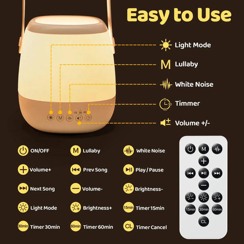 4 In 1 Baby Night Light Sound Machine With 35 RGB Colors And 12 White Noise Options, remote control features displayed