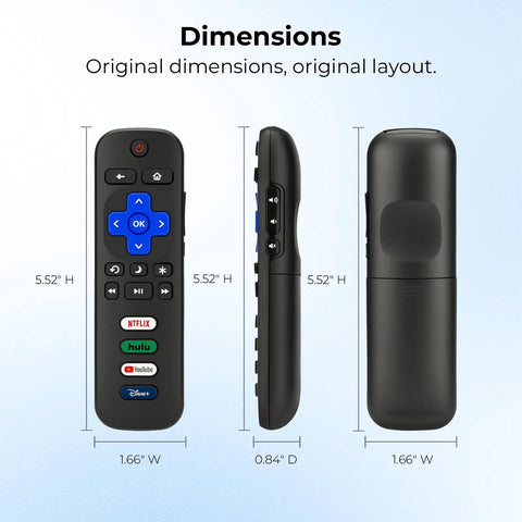 Front, side, and back view of 3 Pack Replacement Remote For Roku TV Compatible With TCL Onn Hisense Roku TVs No Setup Required Works Right Away With Universal Compatibility And 1 Year Warranty; black remotes showing dimensions and button layout.