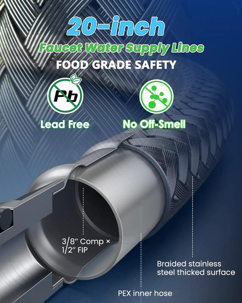 20-inch faucet water supply line showing braided stainless steel surface and food-grade safety features.