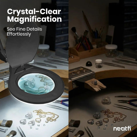 Pro Grade LED Magnifying Lamp With Clamp, 6 Inch Glass Lens above jewelry for crafting and precision work
