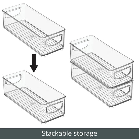 Clear stackable plastic food storage bins for kitchen pantry cabinet refrigerator and freezer with easy grab handles, three stacked.