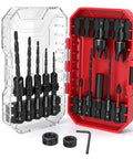 Hella Tough Fifteen Piece Hss Countersink Drill Bit Set For Wood Featuring Three Eighth And Half Inch Plug Cutters Delivers Smooth Taper Cuts And Clean Recesses To Nail Flawless Hidden Fastener Work On Every Serious Shop Build in a clear storage case.