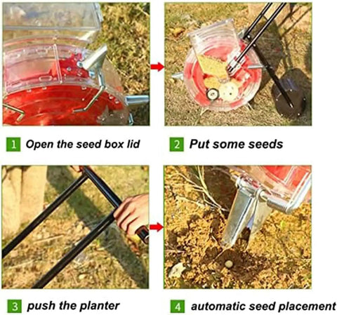 Metal Precision Seeder For Backyard DIY Projects shown in step-by-step seed planting process.