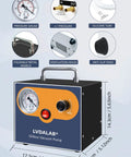 Front view of LVDALAB oil-less vacuum pump with gauge, control knob, power switch, and metal handle; orange panel.