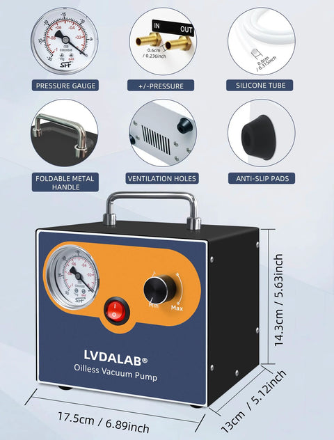 Front view of LVDALAB oil-less vacuum pump with gauge, control knob, power switch, and metal handle; orange panel.