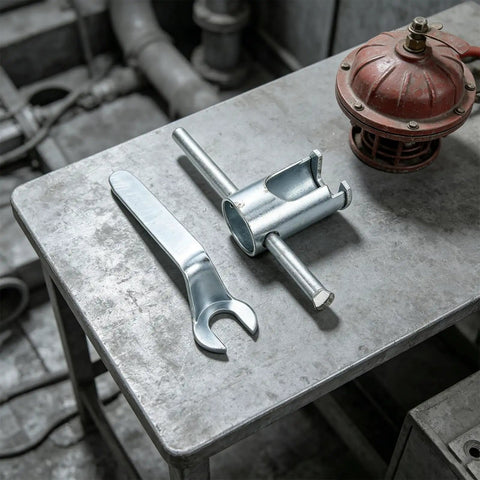 Heavy Duty Pro Fire Sprinkler Head Removal Wrench Two Piece Kit Steel Installation Tool For Concealed And Standard Commercial Jobs With Thread Cap And No Hassle Grips on a metal surface.