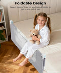 Child with teddy bear next to Swing Down Bed Rail Guard For Toddlers 59 Inch Long For King Twin Full Queen Beds Built Tough With Reinforced Alloy Steel Frame And Extra Wide Base Easy Co Sleep Safety System For Peace Of Mind