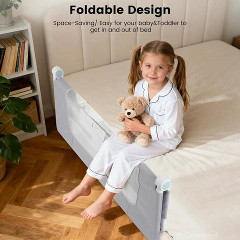 Child with teddy bear next to Swing Down Bed Rail Guard For Toddlers 59 Inch Long For King Twin Full Queen Beds Built Tough With Reinforced Alloy Steel Frame And Extra Wide Base Easy Co Sleep Safety System For Peace Of Mind