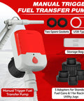 Manual trigger fuel transfer pump with USB Type C, gaskets, storage bag, and adapters, part of No Nonsense Portable Fuel Transfer Pump.