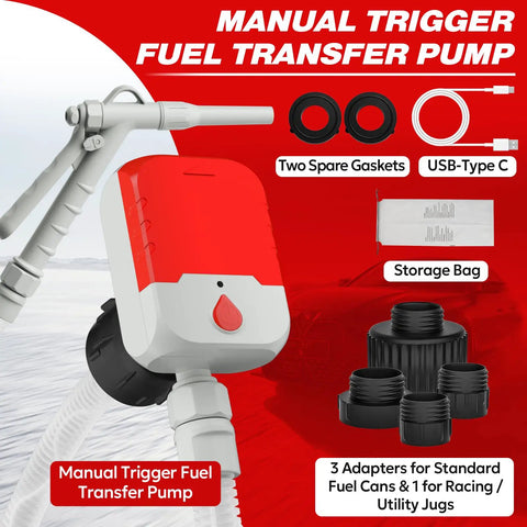 Manual trigger fuel transfer pump with USB Type C, gaskets, storage bag, and adapters, part of No Nonsense Portable Fuel Transfer Pump.