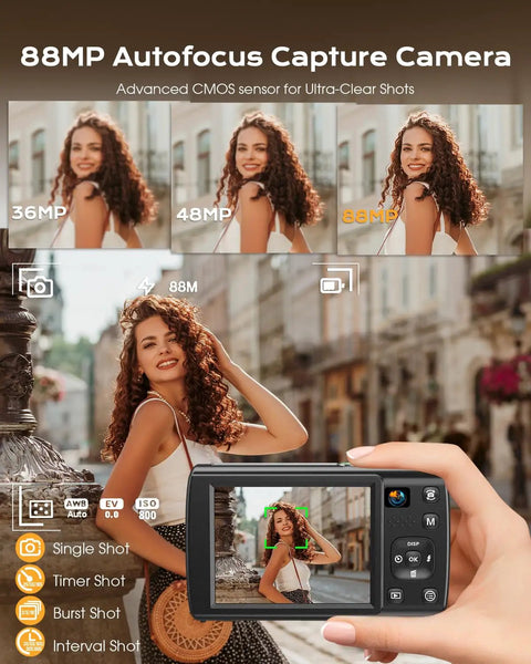 88MP autofocus capture displayed on 8K Ultra HD Digital Camera for Vlogging and YouTube Photography with Dual Front and Rear Lenses.