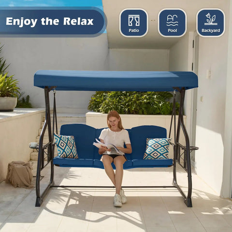 Three Seat Patio Porch Swing With Canopy And Adjustable Backrest, Outdoor Glider With Stand, Foldable Side Tray And Removable Pillows