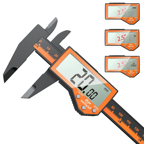 6 Inch Digital Caliper With Large LCD Screen For Precise Readings In Inch Metric And Fraction Conversion Auto Off Feature Ideal For DIYers Woodworking And Home Projects Orange Body