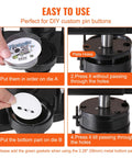 VEVOR button maker instruction collage showing 4 steps to assemble 25/32/58 mm buttons with Panda Magic Book.