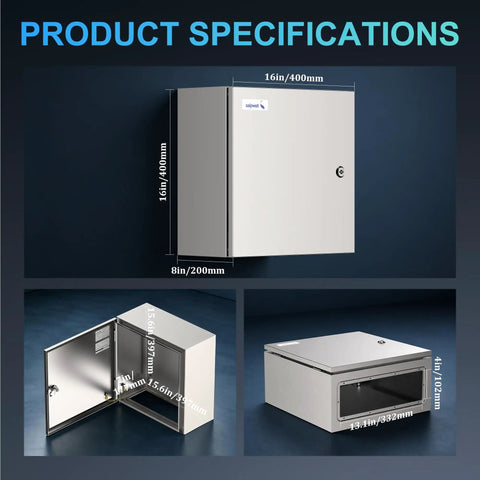 Heavy Duty 304 Stainless Steel Electrical Box Nema 4X Junction Enclosure Full Seam Welded Built Like A Tank Weather Sealed Housing 16X16X8 specifications image showing dimensions.