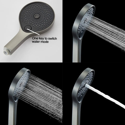 Top Tier Eight Inch Wall Mounted Rain Shower Faucet Set Gun Grey Finish Three Way Mixer Valve With Three Function Handheld Sprayer Heavy Rainfall Bathroom Combo Smooth Install Built Different Setup handheld sprayer showing different water modes.