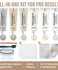 Leather And Vinyl Repair Kit for cars, seats, and couches with applicator brush, repair compounds, and mixing jar.