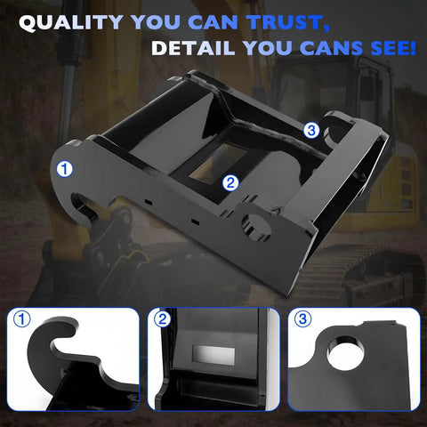 Front and close-up views of Quick Attach Coupler Bracket For Mini Excavator Attachments, Compatible With Bobcat E Series E26 To E60, Heavy Duty Black Coated Steel