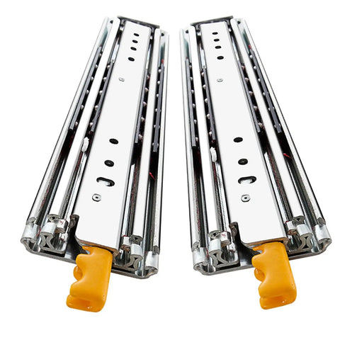 Heavy Duty Three Fold Full Extension Drawer Slides Featuring Ball Bearing Hardware Rails that Slide Like A Dream with Secure Lock.