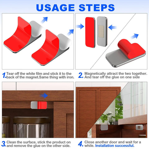 Installation steps for Ultra Thin 16 Pack Magnetic Cabinet Door Catch With Adhesive, Stainless Steel Latch Using Double Sided Tape.