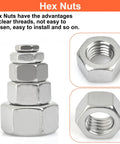 Hex Nuts Assortment Kit 150 Piece Set In 10 SAE Sizes Stainless Steel 304 shown stacked and in close-up view