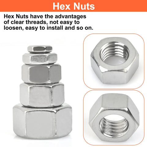 Hex Nuts Assortment Kit 150 Piece Set In 10 SAE Sizes Stainless Steel 304 shown stacked and in close-up view