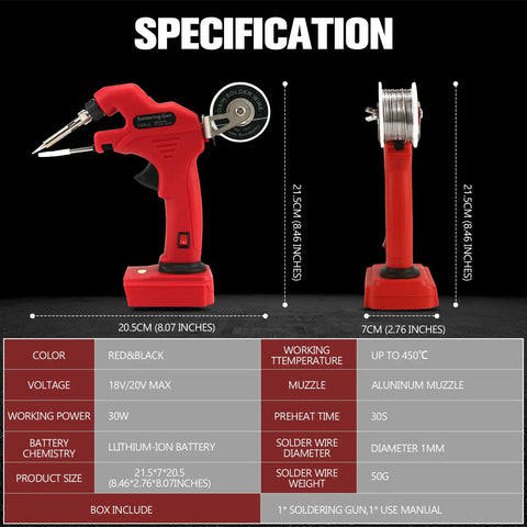 Cordless Soldering Iron Kit Compatible With Milwaukee 18V Batteries, shown with specifications, dimensions, and design details