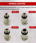 Four silver metal automotive adapters for leak-down tester; front view showing M10x1.0, M12x1.25, M14x1.25, M18x1.5.
