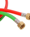 Close-up of Heavy-Duty 1/4 Inch by 100 Foot Twin Welding Torch Hose for Acetylene and Oxygen with 9/16-18 BF Fittings in red and green
