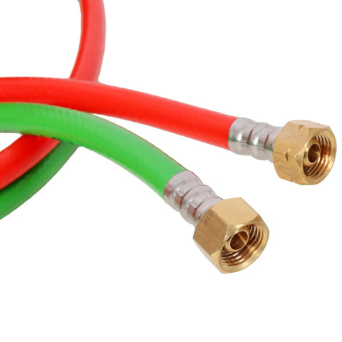 Close-up of Heavy-Duty 1/4 Inch by 100 Foot Twin Welding Torch Hose for Acetylene and Oxygen with 9/16-18 BF Fittings in red and green