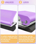 Purple metal manual puncher showing unlock and lock mechanism for 10 Hole Binding Punch for Planners, Metal Manual Puncher For Home Office.