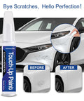 Bright White Touch Up Paint Kit For Cars And Trucks No Mess No Fuss 2 In 1 Scratch Repair Quick Shake And Apply Easy Color Match PW7 GW7 60 Second Fix For Exterior Scratches On Trucks SUVs And Vans shown with before and after use on car fender.