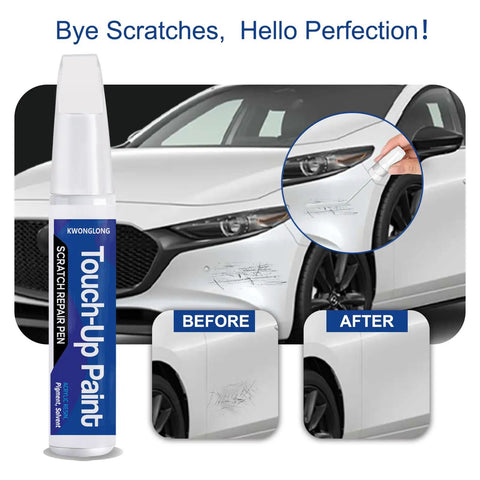 Bright White Touch Up Paint Kit For Cars And Trucks No Mess No Fuss 2 In 1 Scratch Repair Quick Shake And Apply Easy Color Match PW7 GW7 60 Second Fix For Exterior Scratches On Trucks SUVs And Vans shown with before and after use on car fender.