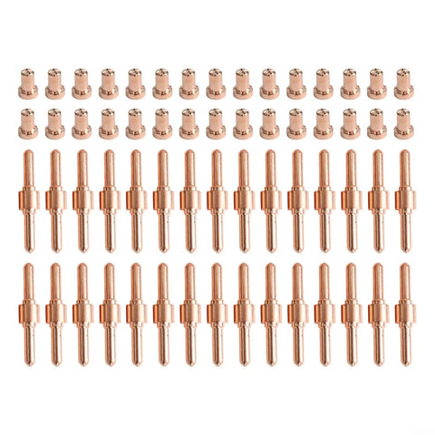60 Piece Plasma Cutter Consumables Kit Perfect for PT-31 And LG-40 Torches featuring red copper nozzles and electrodes.
