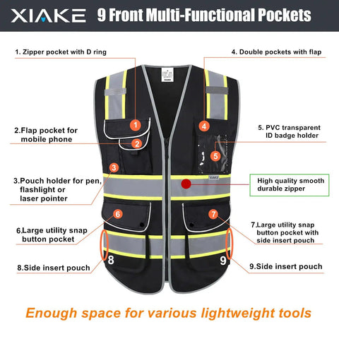 Nine Pocket High Visibility Safety Vest with 2 Inch Dual Tone Reflective Strips Yellow Trim Meets ANSI ISEA 107 Class 2 Type R