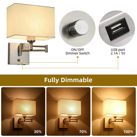 9.5 Inch Wall Lamp With USB Port And Dimmer showing fabric shade, dimmer knob, USB port, swing arm, brightness levels at 30, 70, 100%