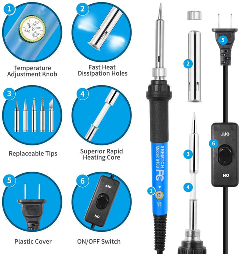 9 In 1 Soldering Kit With 60W Adjustable Temp Soldering Iron On Off Switch Quick Heat Up Includes 5 Tips Solder Wire Y Type Stand
