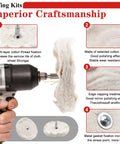 10 Piece Drill Polishing Kit with Buffing Wheels and Pads showing cotton thread fixation and cotton cloth for durability.