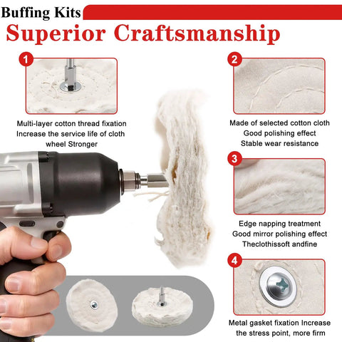 10 Piece Drill Polishing Kit with Buffing Wheels and Pads showing cotton thread fixation and cotton cloth for durability.