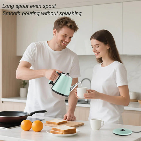 Couple pouring hot water from mint green 0.9L Electric Kettle With 304 Stainless Steel Interior, 1000W Fast Boil In 4 To 6 Minutes