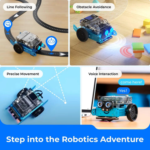 MBot2 Coding Robot For Kids Ages 8 14 And Up on track for line following and obstacle avoidance, blue metal STEM kit