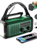 Green Hand Crank Emergency Radio With NOAA Weather Radio AM FM, 10000mAh Battery, USB C Fast Charge, ideal for blackouts