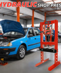 6 Ton H Frame Hydraulic Shop Press for Garage Floor with Adjustable Height and Stamping Plates beside car