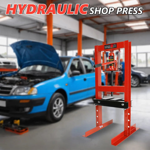 6 Ton H Frame Hydraulic Shop Press for Garage Floor with Adjustable Height and Stamping Plates beside car