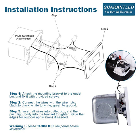 Installation instruction diagram for Outdoor Step Lights 3 Pack 120V LED Stair Deck Lights Waterproof Hardwired Dimmable.