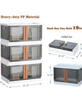 No Sweat Organizing With These Heavy Duty Plastic Storage Boxes With Lids, Built Tough 19 Gallon Collapsible Folding Bins stacked image with dimensions.