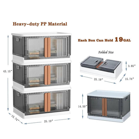 No Sweat Organizing With These Heavy Duty Plastic Storage Boxes With Lids, Built Tough 19 Gallon Collapsible Folding Bins stacked image with dimensions.