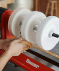 Woodworking Lathe Buffing System MT2 Mandrel 8 Inch Three Step Buffing Wheel Kit With Polishing Compounds in use on lathe